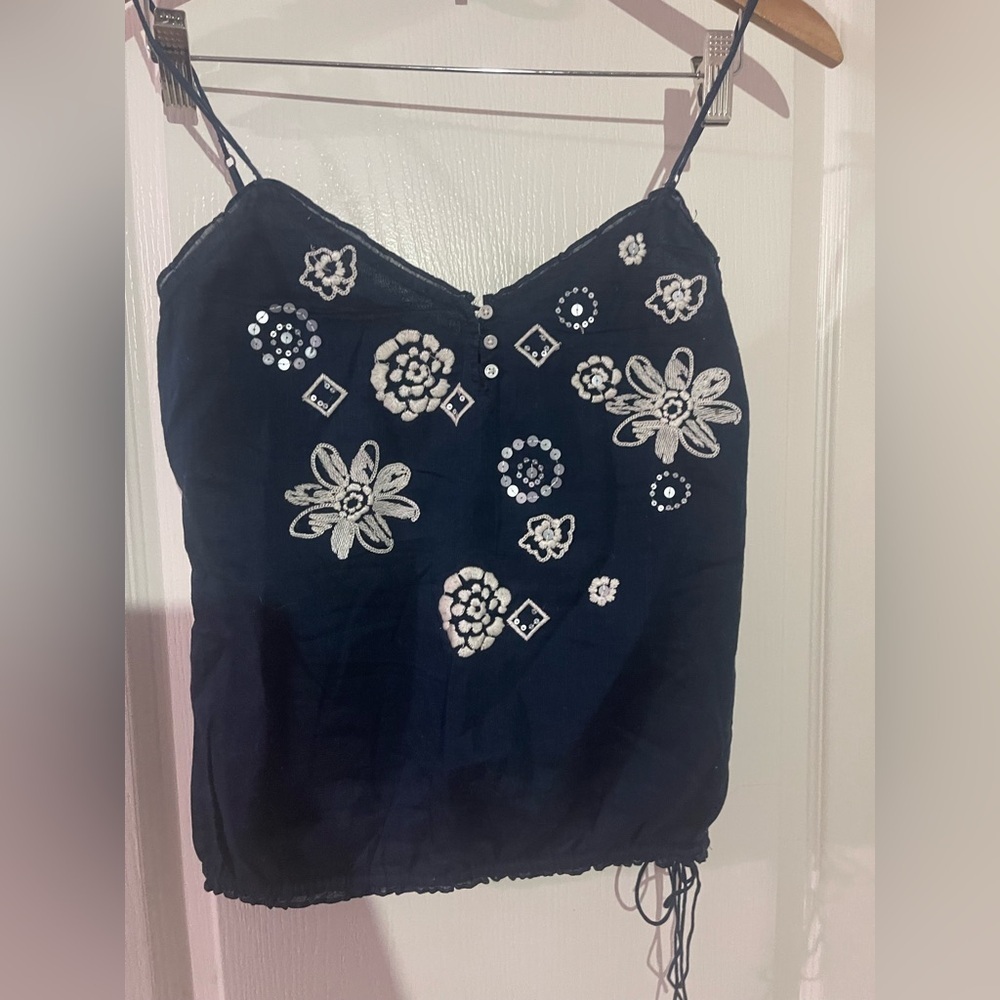 Hollister Y2k Navy Camisole with White Embroidery
